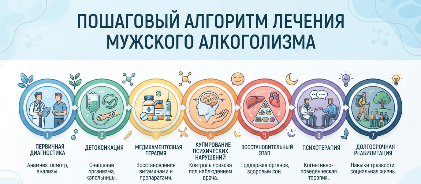 Инфографика: Пошаговый алгоритм лечения мужского алкоголизма
